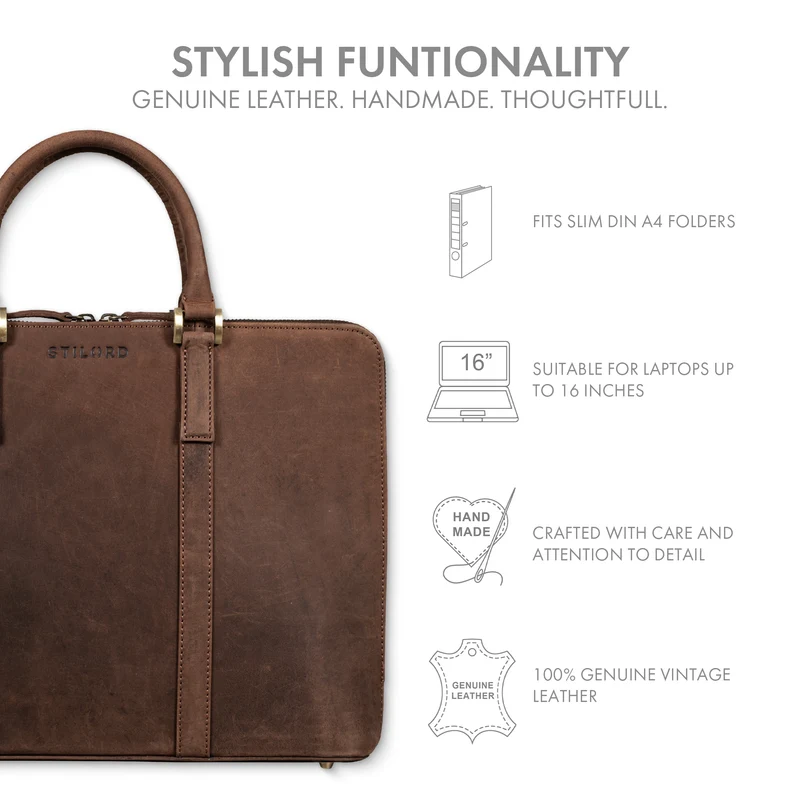 "Leonora" Schmale Aktentasche Damen Leder 15,6 - 16 Zoll Laptoptasche