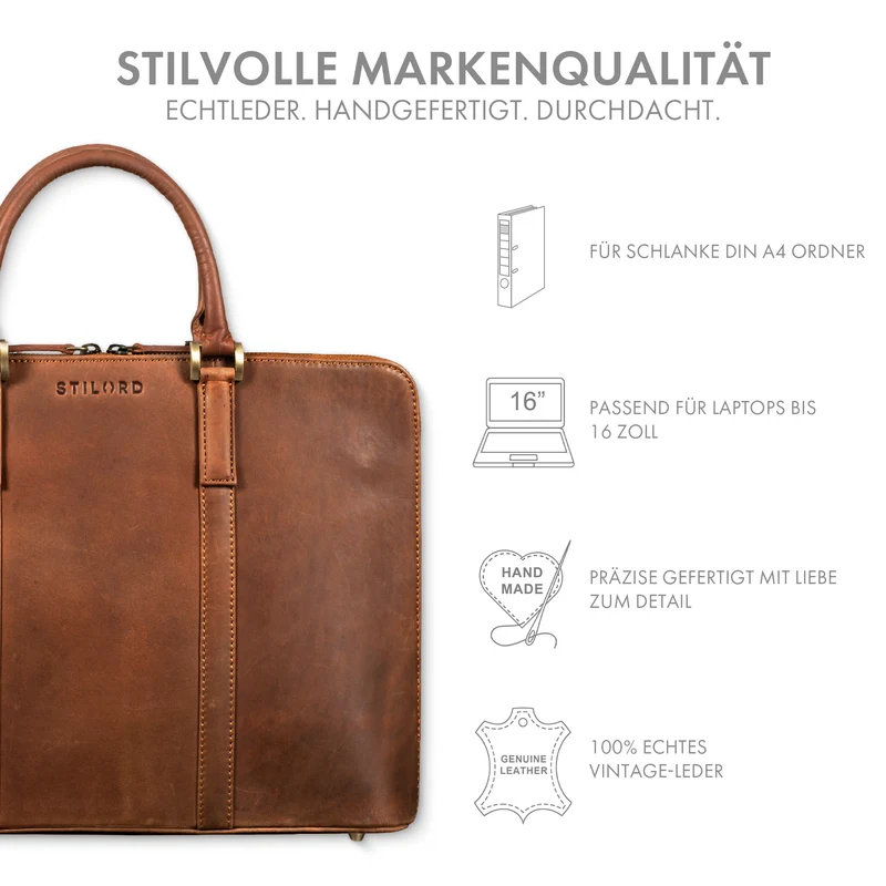 "Leonora" Schmale Aktentasche Damen Leder 15,6 - 16 Zoll Laptoptasche