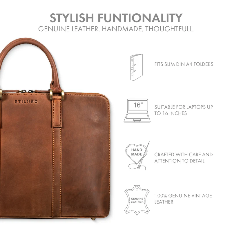 "Leonora" Schmale Aktentasche Damen Leder 15,6 - 16 Zoll Laptoptasche