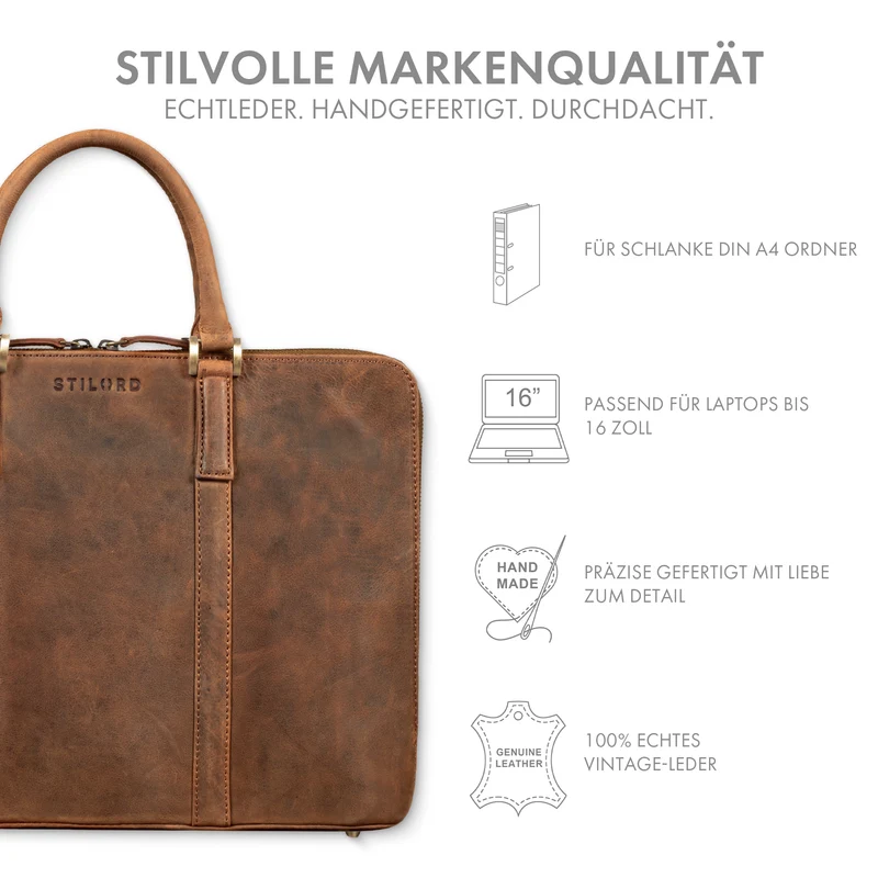 "Leonora" Schmale Aktentasche Damen Leder 15,6 - 16 Zoll Laptoptasche