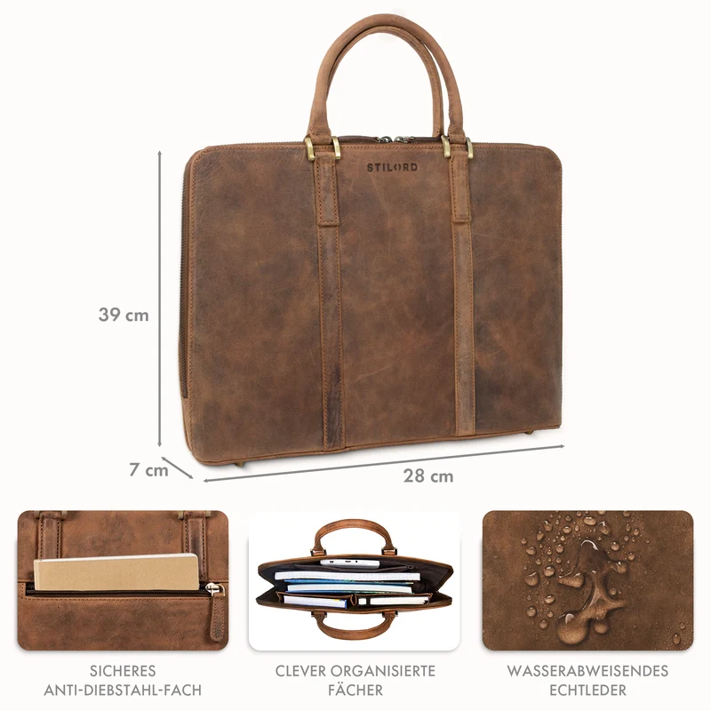"Leonora" Schmale Aktentasche Damen Leder 15,6 - 16 Zoll Laptoptasche