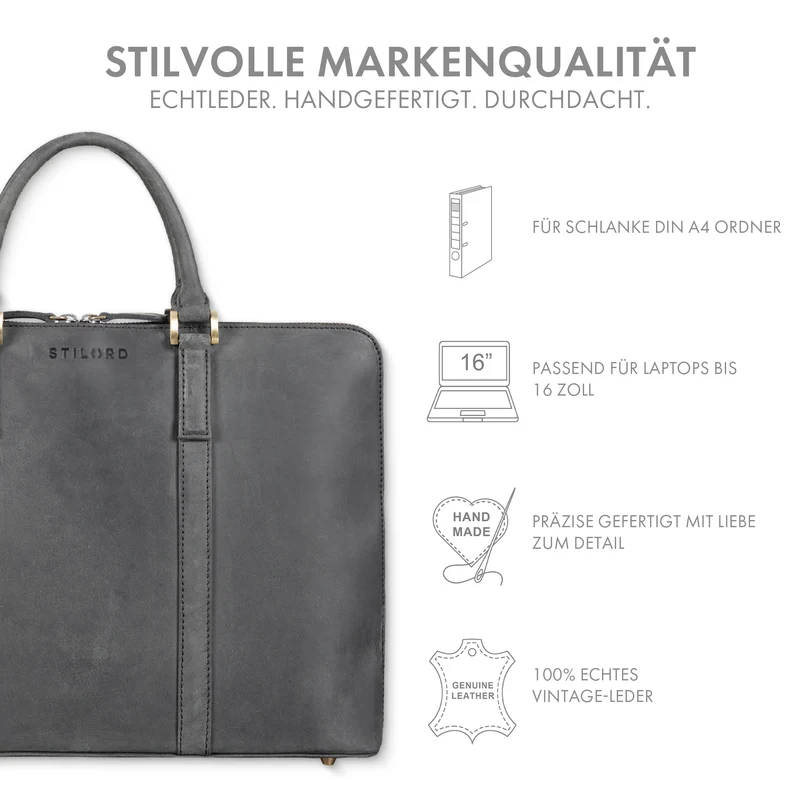 "Leonora" Schmale Aktentasche Damen Leder 15,6 - 16 Zoll Laptoptasche