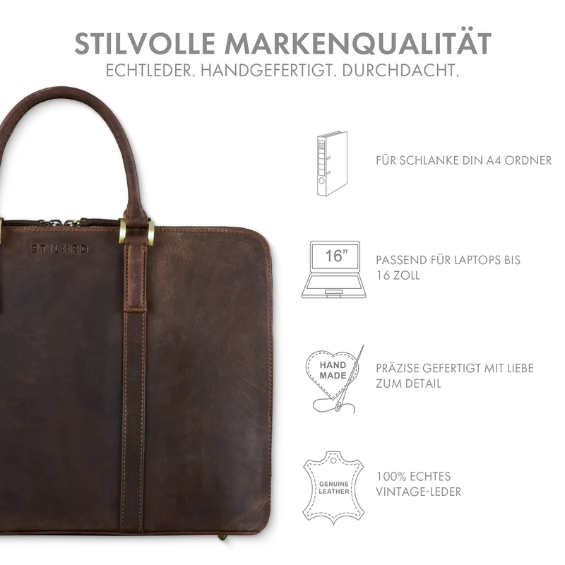 "Leonora" Schmale Aktentasche Damen Leder 15,6 - 16 Zoll Laptoptasche