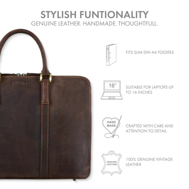 "Leonora" Schmale Aktentasche Damen Leder 15,6 - 16 Zoll Laptoptasche