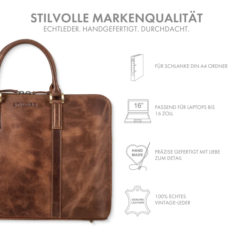 "Leonora" Schmale Aktentasche Damen Leder 15,6 - 16 Zoll Laptoptasche