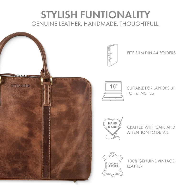 "Leonora" Schmale Aktentasche Damen Leder 15,6 - 16 Zoll Laptoptasche
