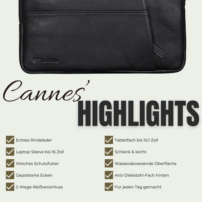 "Cannes" Vintage Laptophülle 15 15.6 16" Leder Herren Laptop-Tasche