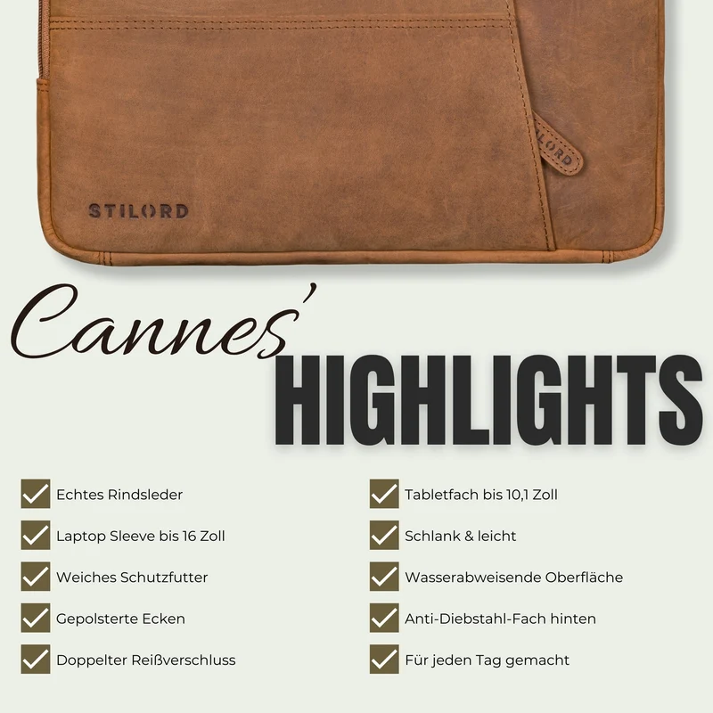 "Cannes" Vintage Laptophülle 15 15.6 16" Leder Herren Laptop-Tasche