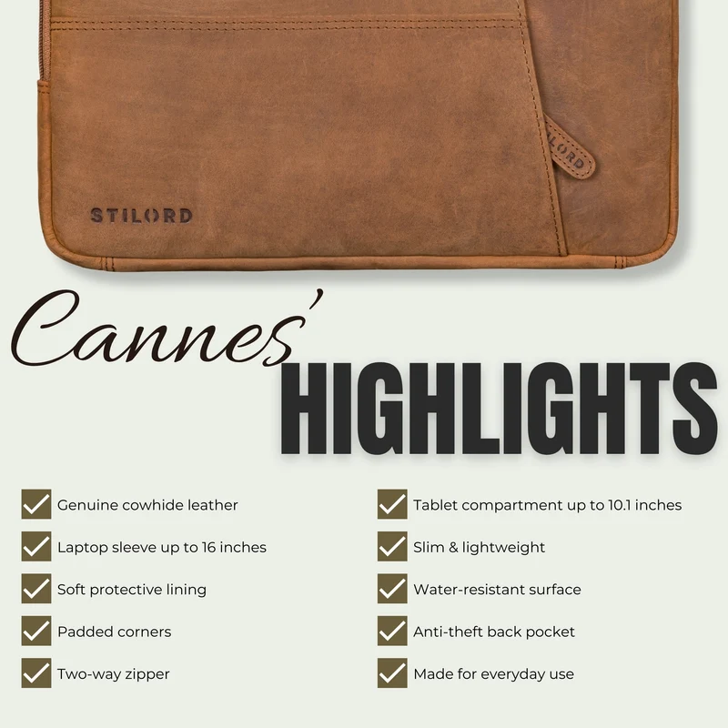 "Cannes" Vintage Laptophülle 15 15.6 16" Leder Herren Laptop-Tasche