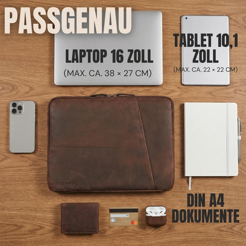 "Cannes" Vintage Laptophülle 15 15.6 16" Leder Herren Laptop-Tasche