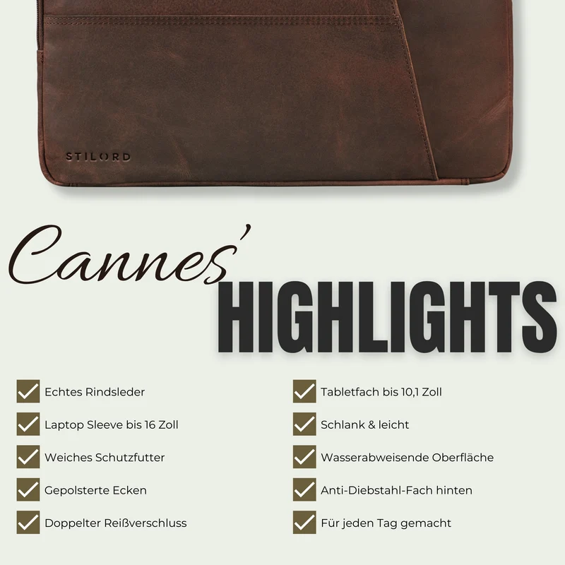 "Cannes" Vintage Laptophülle 15 15.6 16" Leder Herren Laptop-Tasche