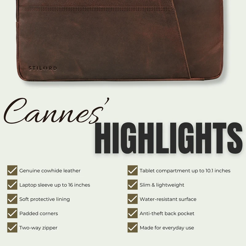 "Cannes" Vintage Laptophülle 15 15.6 16" Leder Herren Laptop-Tasche