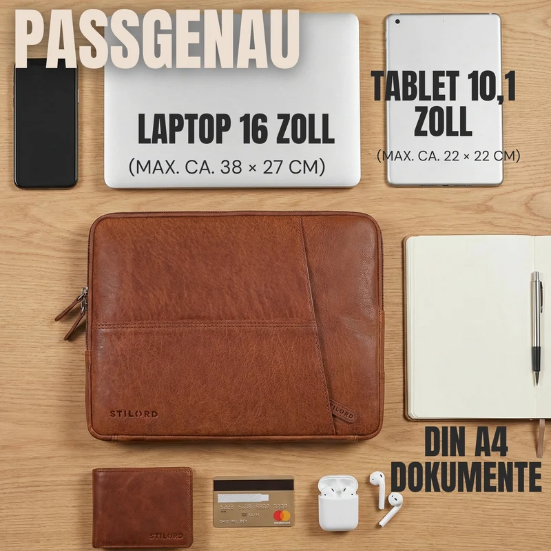 "Cannes" Vintage Laptophülle 15 15.6 16" Leder Herren Laptop-Tasche