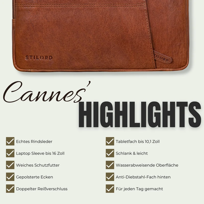 "Cannes" Vintage Laptophülle 15 15.6 16" Leder Herren Laptop-Tasche