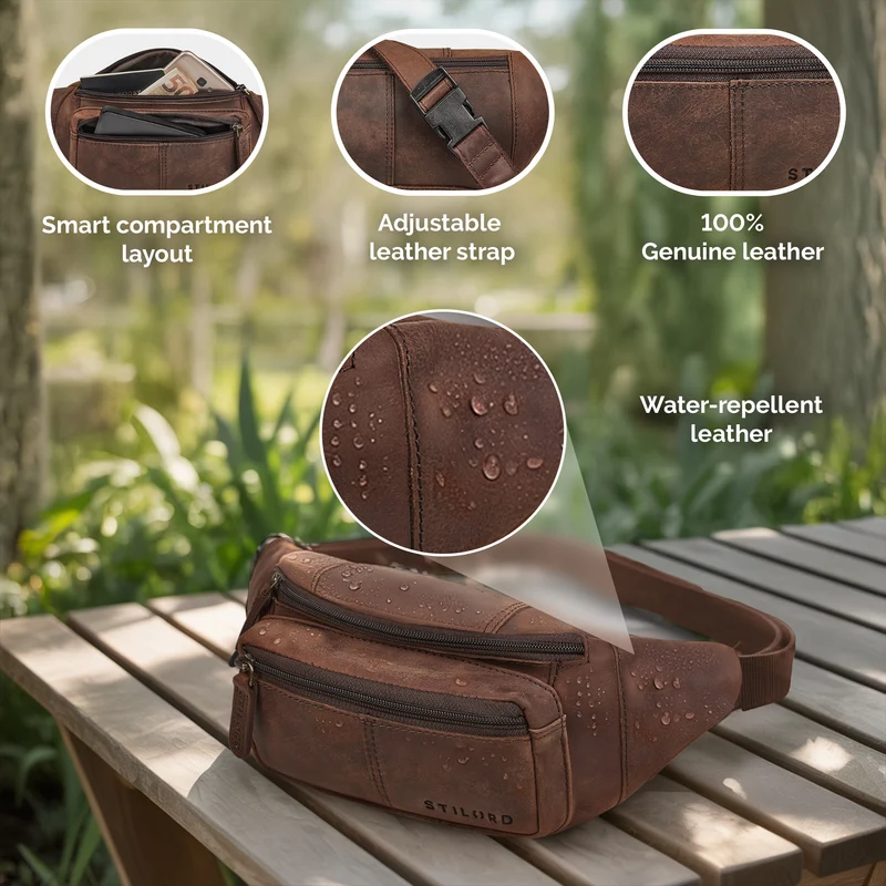 "Devon" Vintage Bauchtasche Herren Leder Gürteltasche viele Fächer
