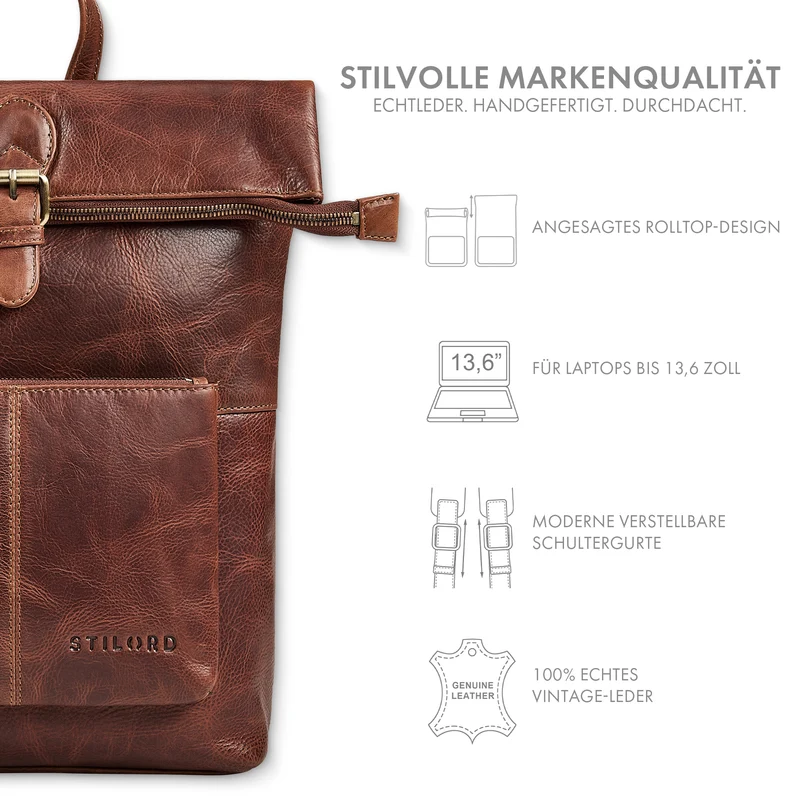 "Niagara" Leder Rolltop Rucksack Damen für 13,6 Zoll Laptops DIN A4