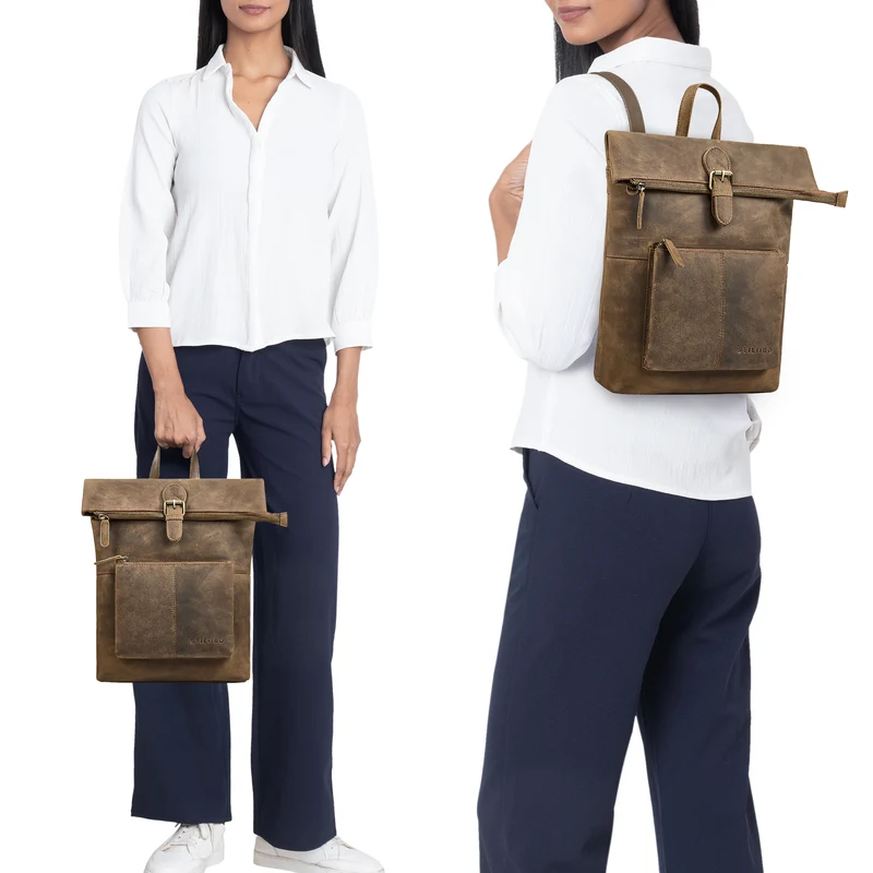 "Niagara" Leder Rolltop Rucksack Damen für 13,6 Zoll Laptops DIN A4