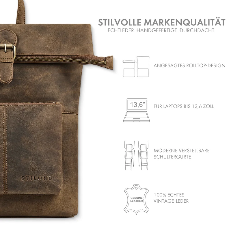"Niagara" Leder Rolltop Rucksack Damen für 13,6 Zoll Laptops DIN A4