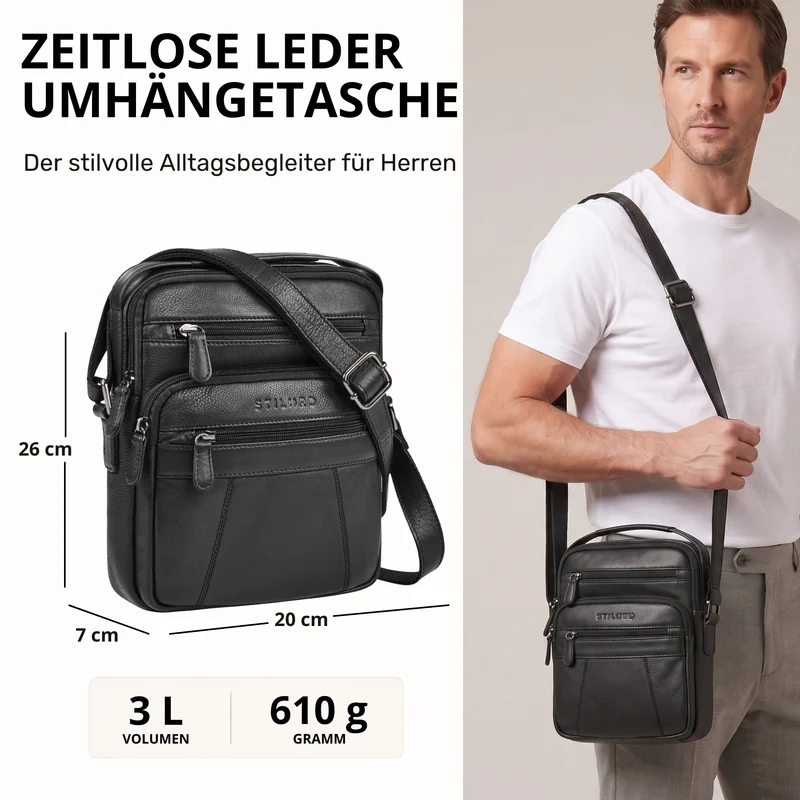"Omar" Umhängetasche Herren Klein Leder Tablet bis 8.4 Zoll