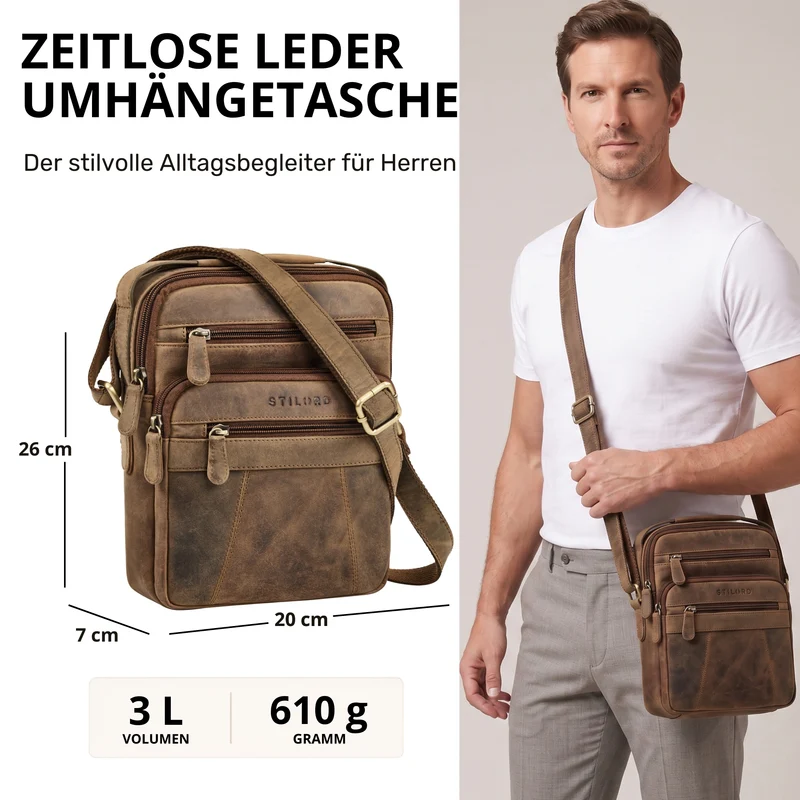 "Omar" Umhängetasche Herren Klein Leder Tablet bis 8.4 Zoll