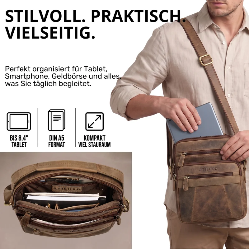 "Omar" Umhängetasche Herren Klein Leder Tablet bis 8.4 Zoll