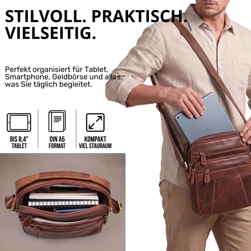 "Omar" Umhängetasche Herren Klein Leder Tablet bis 8.4 Zoll