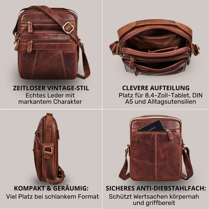 "Omar" Umhängetasche Herren Klein Leder Tablet bis 8.4 Zoll