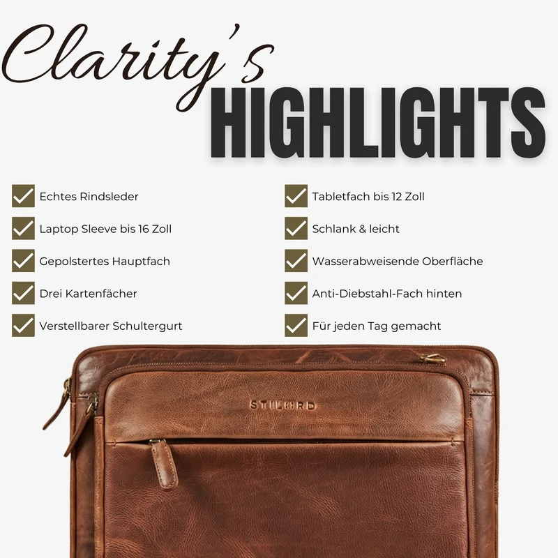 "Clarity" Schmale Laptophülle 15 15.6 16 Zoll Leder Herren