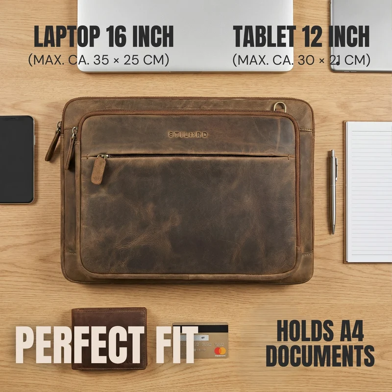 "Clarity" Schmale Laptophülle 15 15.6 16 Zoll Leder Herren