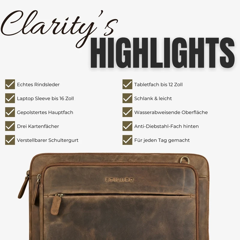 "Clarity" Schmale Laptophülle 15 15.6 16 Zoll Leder Herren