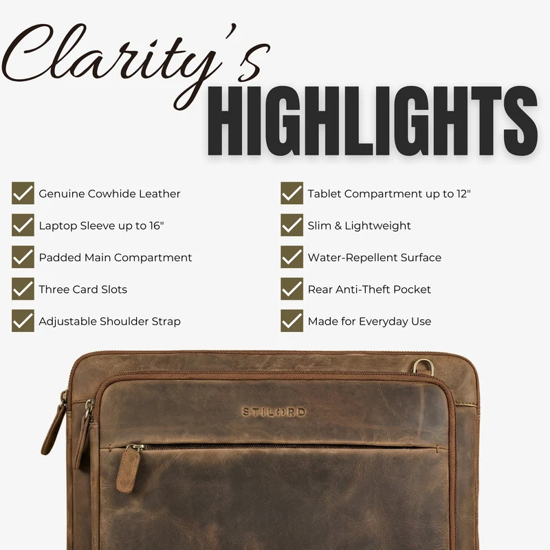"Clarity" Schmale Laptophülle 15 15.6 16 Zoll Leder Herren