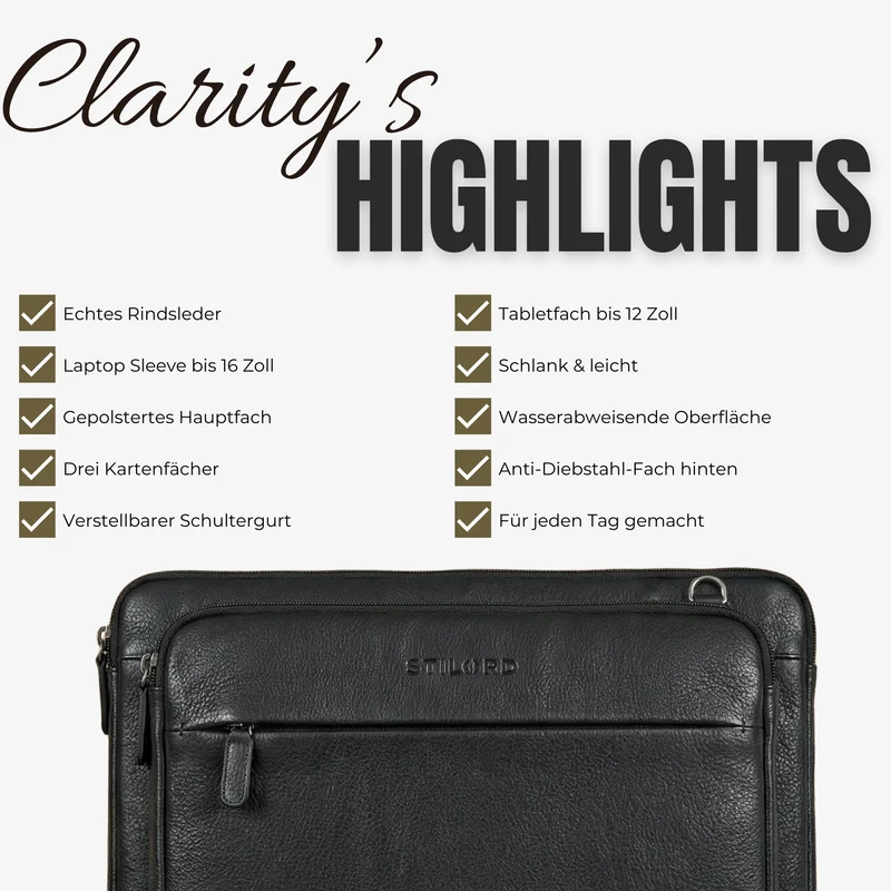 "Clarity" Schmale Laptophülle 15 15.6 16 Zoll Leder Herren