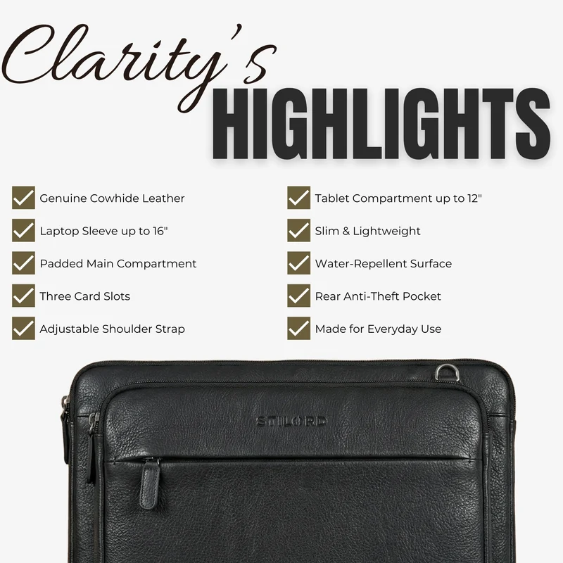 "Clarity" Schmale Laptophülle 15 15.6 16 Zoll Leder Herren