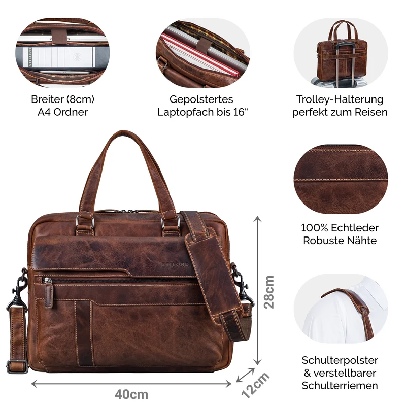 "Matthew" Leder Aktentasche A4 Damen & Herren Laptop bis 16 Zoll