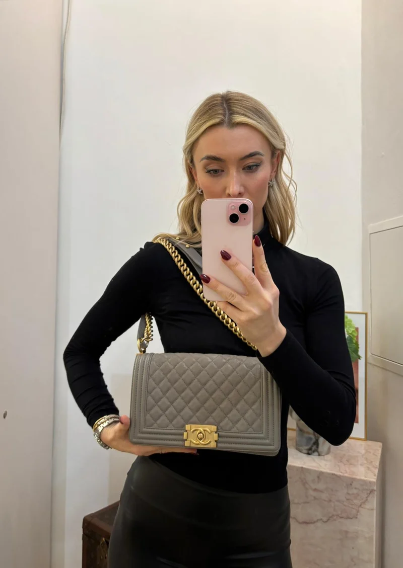 Chanel Boy Medium Grey Flap Bag Quilted Caviar 2019