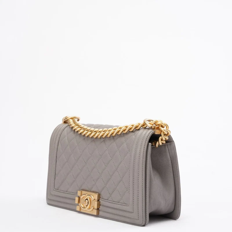 Chanel Boy Medium Grey Flap Bag Quilted Caviar 2019