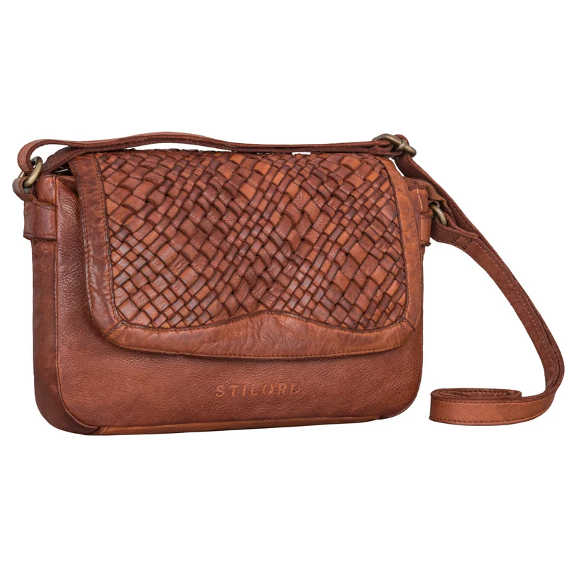 "Ria" Retro Umhängetasche Damen Klein Leder mit geflochtenem Überschlag