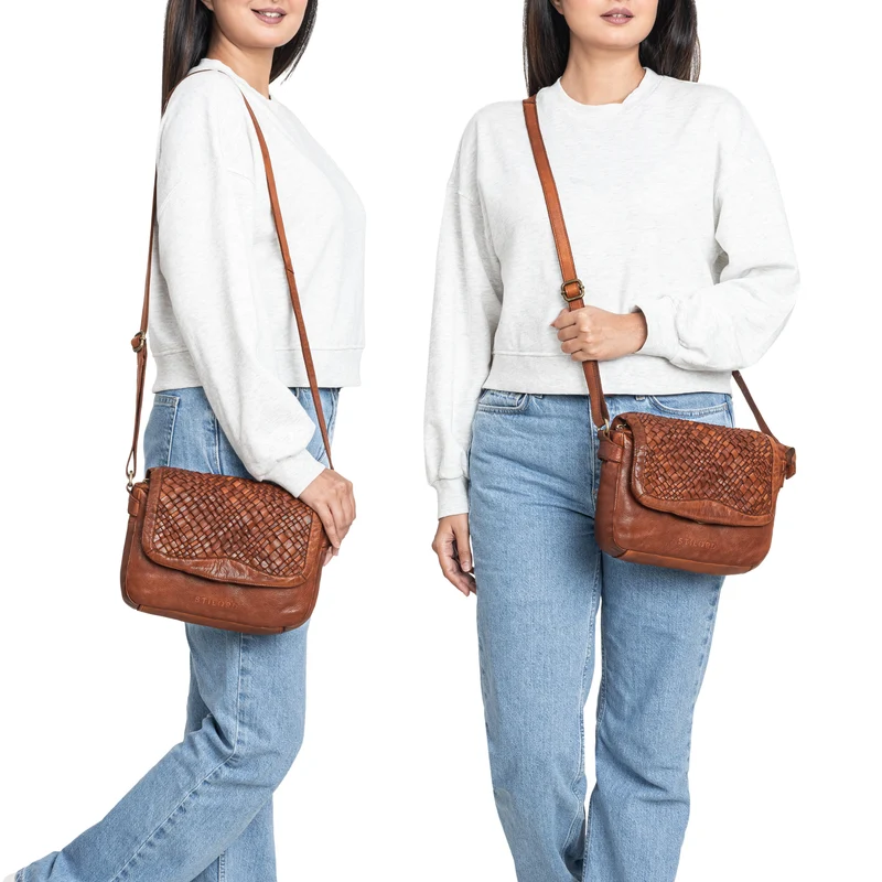 "Ria" Retro Umhängetasche Damen Klein Leder mit geflochtenem Überschlag