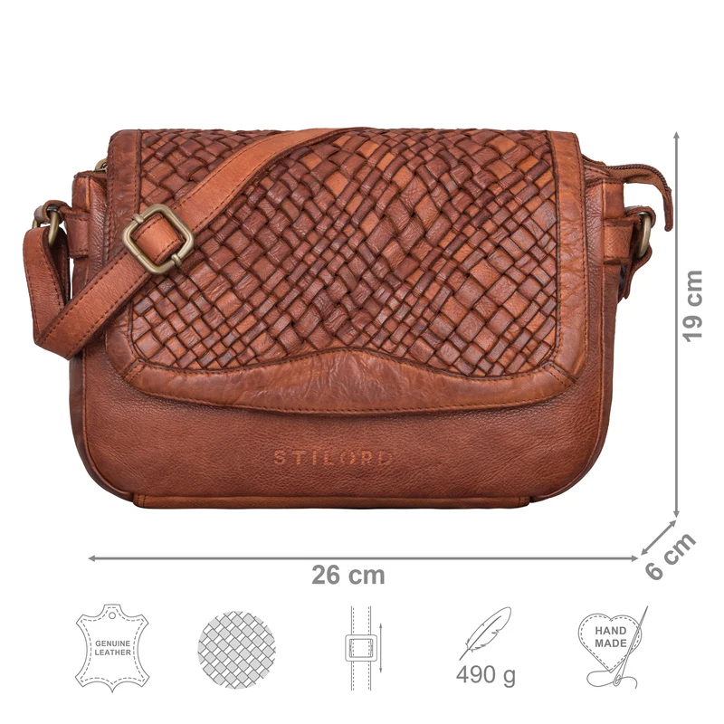 "Ria" Retro Umhängetasche Damen Klein Leder mit geflochtenem Überschlag