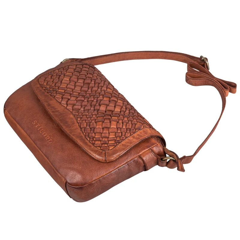 "Ria" Retro Umhängetasche Damen Klein Leder mit geflochtenem Überschlag