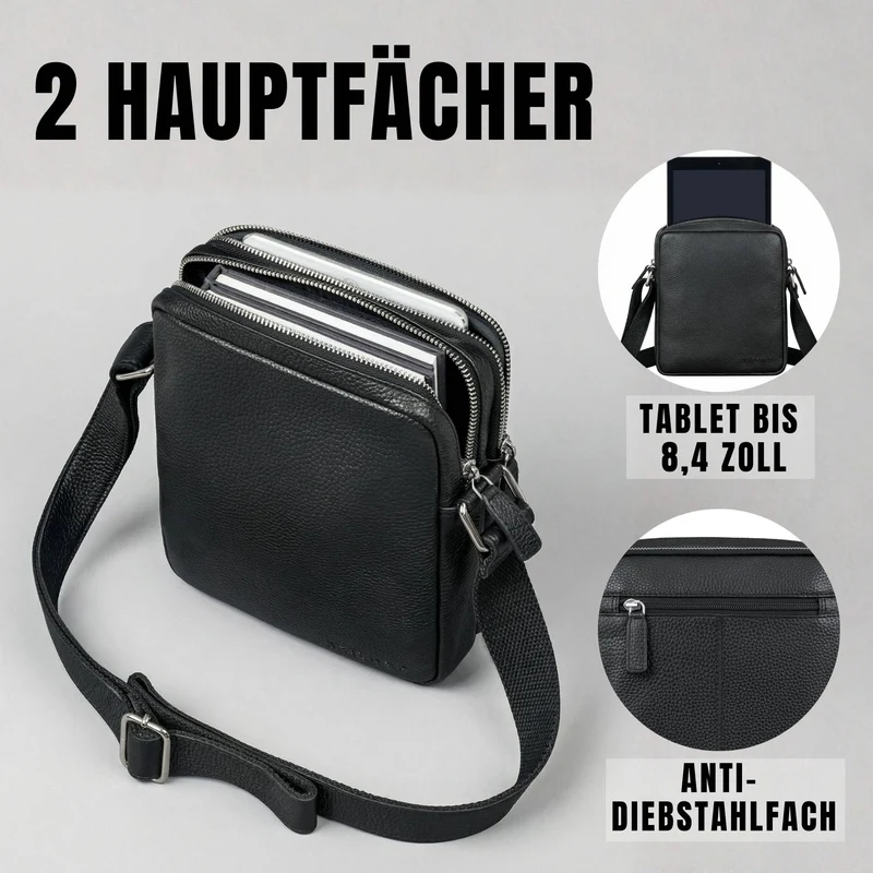 "Zander" Vintage Leder Umhängetasche Herren Klein für 8 Zoll Tablet