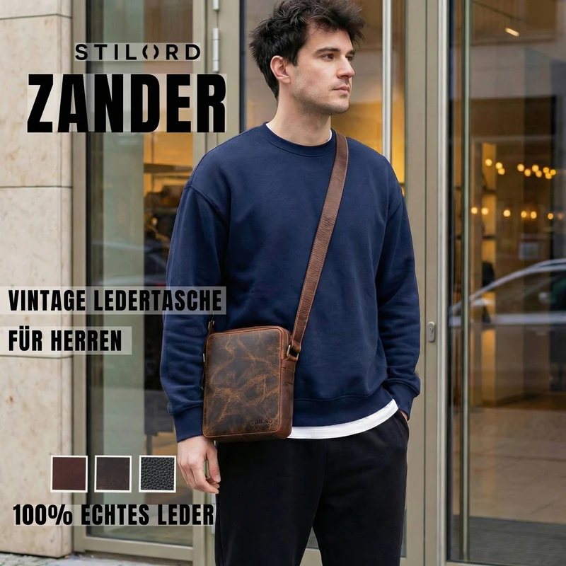 "Zander" Vintage Leder Umhängetasche Herren Klein für 8 Zoll Tablet