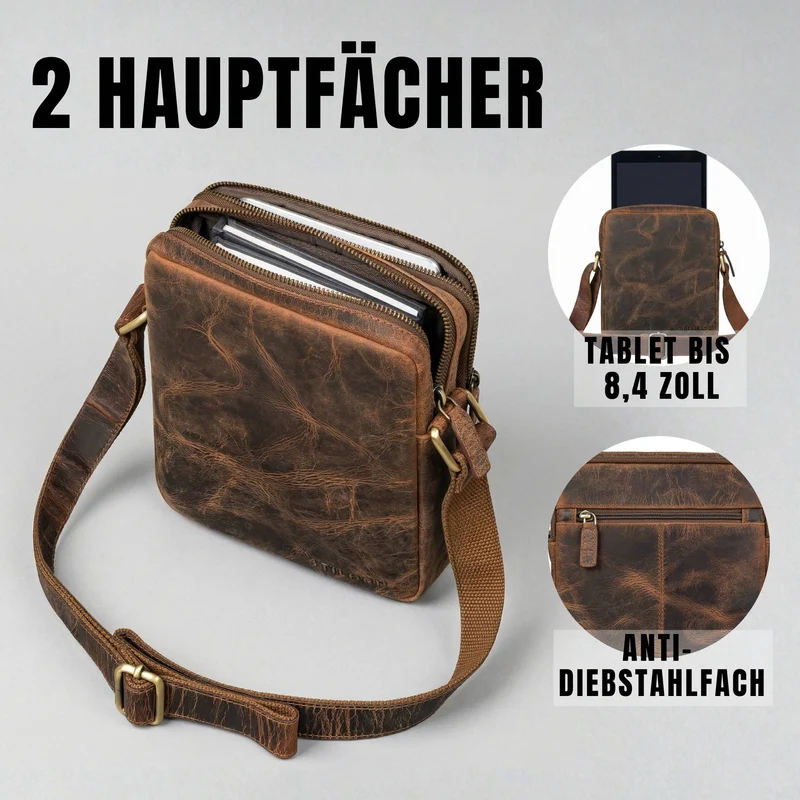 "Zander" Vintage Leder Umhängetasche Herren Klein für 8 Zoll Tablet