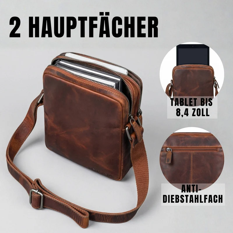 "Zander" Vintage Leder Umhängetasche Herren Klein für 8 Zoll Tablet