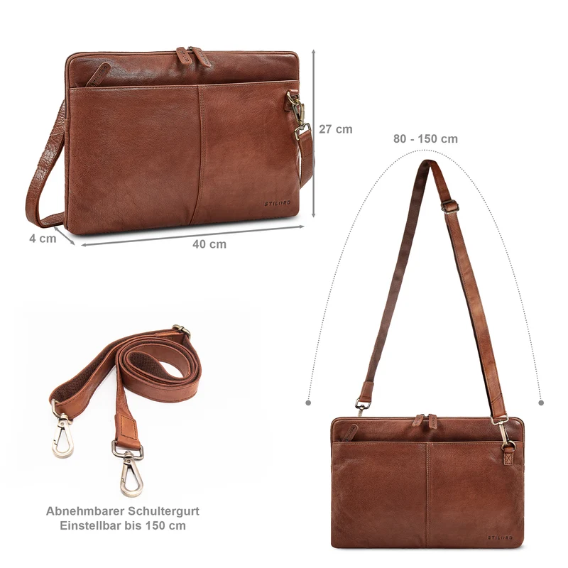 "Graham" Schmale Echtleder Laptoptasche 15.6 Zoll mit abnehmbaren Gurt