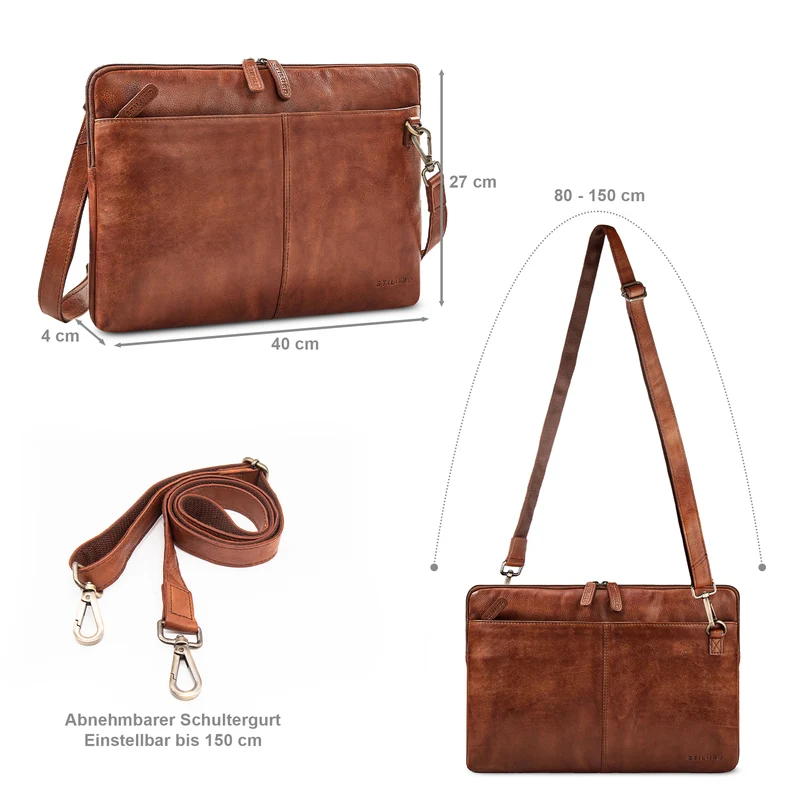 "Graham" Schmale Echtleder Laptoptasche 15.6 Zoll mit abnehmbaren Gurt