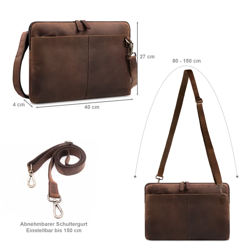 "Graham" Schmale Echtleder Laptoptasche 15.6 Zoll mit abnehmbaren Gurt