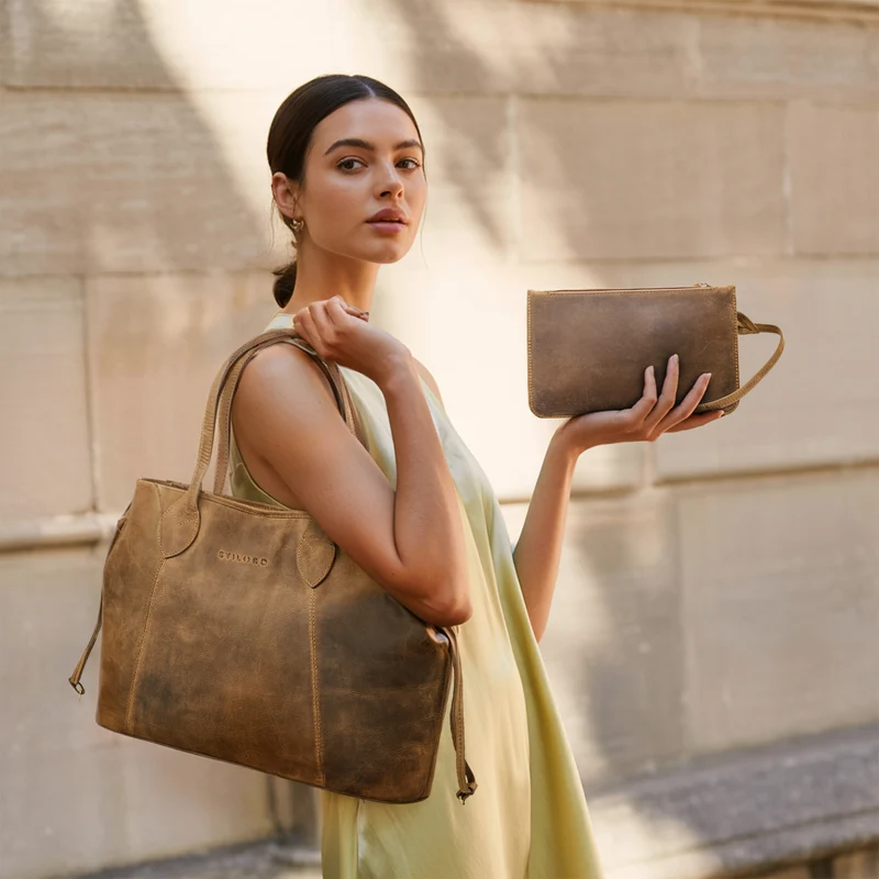 "Camelia" 2-Teilige Shopper Tasche Damen Groß mit Geldbörse Echtleder