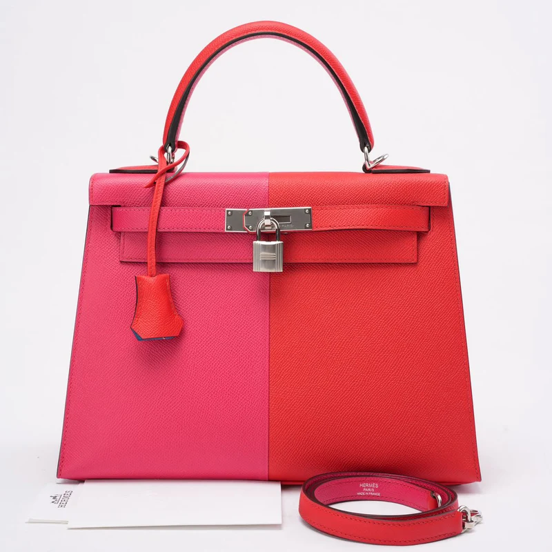 Hermès Kelly 28 Epsom Rose Extreme/ Rouge de Coeur mit Blue Zanzibar