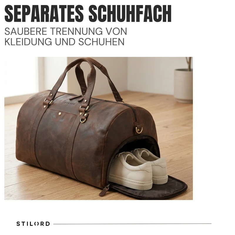 "Ventura" Robuste Leder Reisetasche Groß Herren Weekender mit Schuhfach 40L